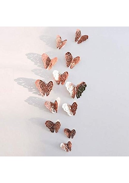 Uludagstore7 Ev Dekorasyon 3D Metalik Bakır Renk Oyma Pvc Kelebek 12 Li Süsleme Model Q3