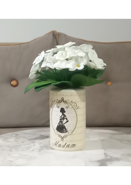 Dahil,vazo Dahil,vazoda Çiçek,beyaz Yapay Çiçek,vazo Dekoratif Madam Desenli 7X7X16CM