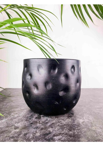 Tasarımı Ev Dekorasyon Aksesuar Siyah Desenli Toprak Saksı Saksılık Salon Çiçeklik - 19 cm