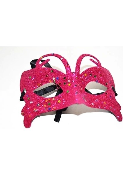 Fuşya Renk Simli Kelebek Kostüm Partisi Maskesi 10X13 cm