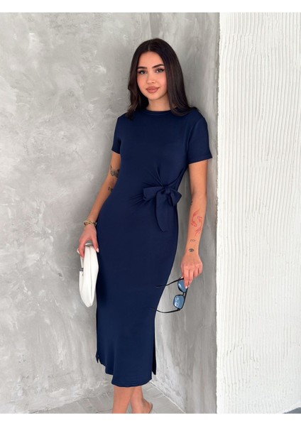 Fiyonk Dokunuşu Modal Kumaş Sade Şık Midi Elbise