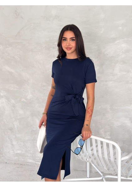 Fiyonk Dokunuşu Modal Kumaş Sade Şık Midi Elbise