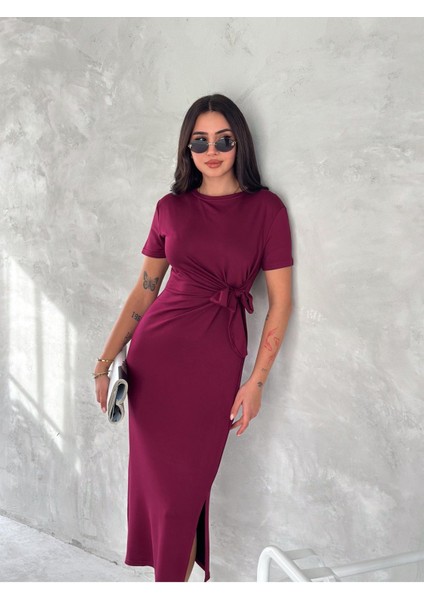 Fiyonk Dokunuşu Modal Kumaş Sade Şık Midi Elbise