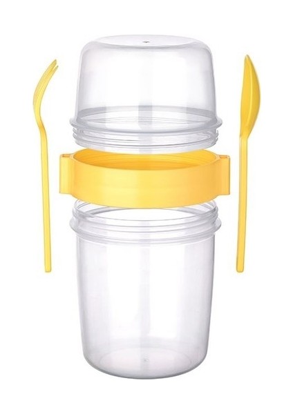 Çift Hazneli - Çatal Kaşıklı Portatif Müsli - Atıştırmalık Kabı 650 ml