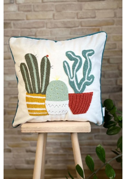 Home Home Design Punch Işlemeli Biyeli Kaktüs Desen Keten Kırlent Kılıfı