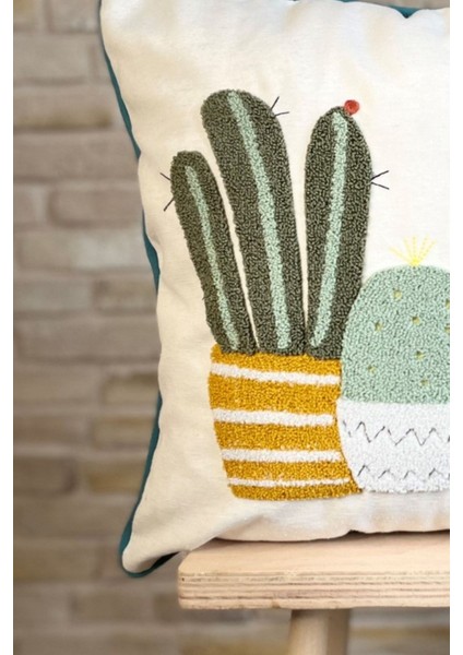 Home Home Design Punch Işlemeli Biyeli Kaktüs Desen Keten Kırlent Kılıfı