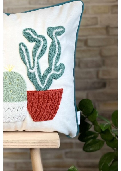 Home Home Design Punch Işlemeli Biyeli Kaktüs Desen Keten Kırlent Kılıfı