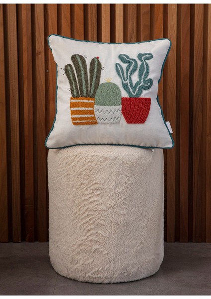 Home Home Design Punch Işlemeli Biyeli Kaktüs Desen Keten Kırlent Kılıfı