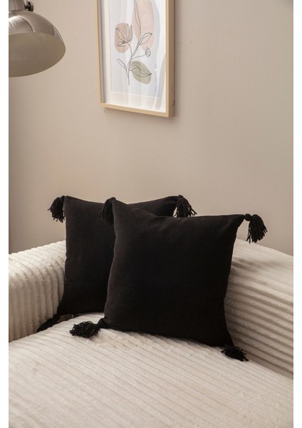 Home Home Design Ikili Dekoratif Püsküllü Kırlent Kılıfı Siyah 43X43