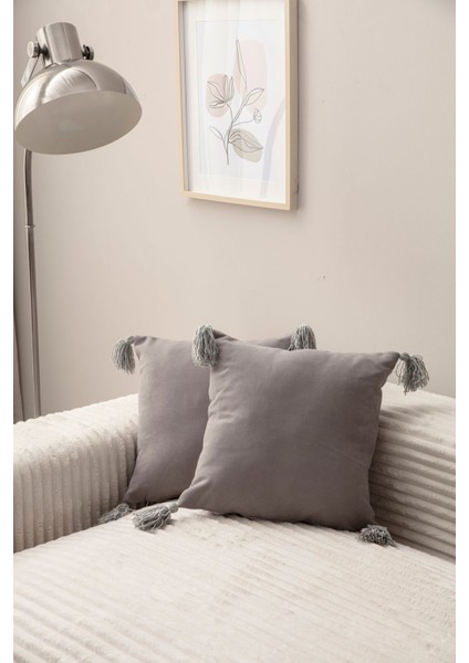Home Home Design Ikili Dekoratif Püsküllü Kırlent Kılıfı Gri 43X43