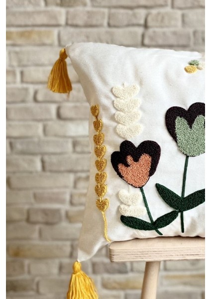 Home Tekli Punch Işlemeli Çiçek Desen Püsküllü Kırlent Kılıfı
