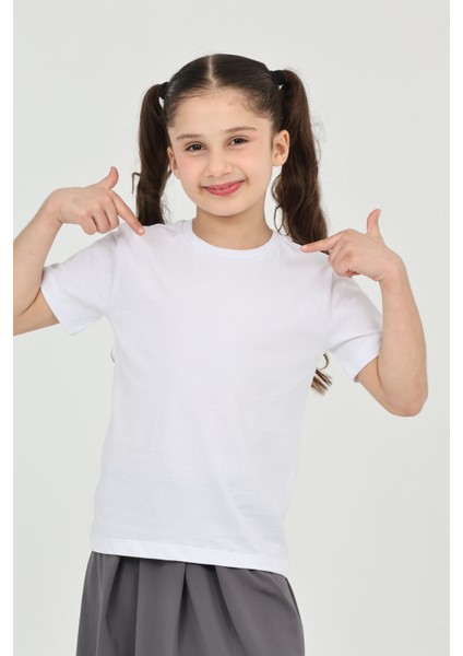 Kız Çocuk Düz Kısa Kollu Casual-Okul Basic T-Shirt