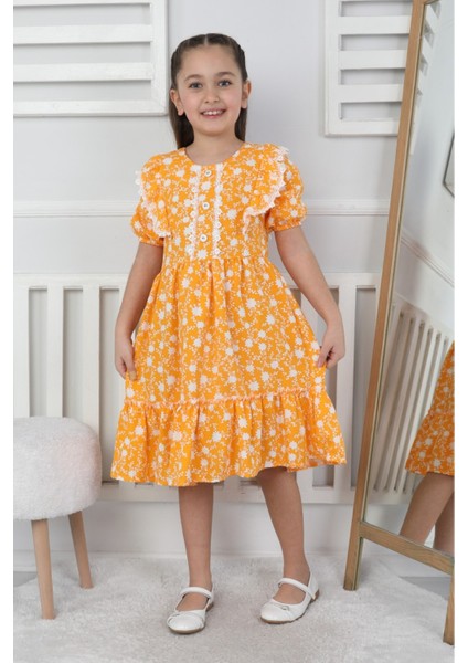 Şal Yaka Çiçek Desenli Elbise - Sarı (Dokuma Viskon)