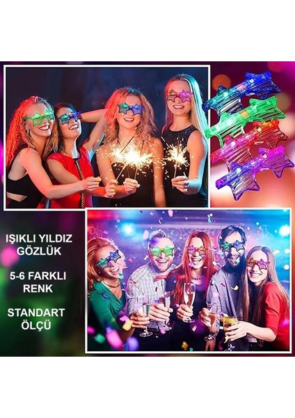 Işıklı Yıldız Gözlük Ledli Parti Gözlüğü 6 Renk 12 Adet modelleri