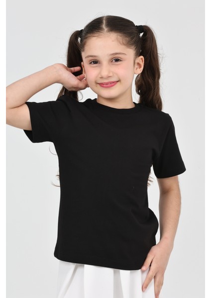 Kız Çocuk Düz Kısa Kollu Casual-Okul Basic T-Shirt