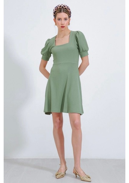Çağla Yeşili Kare Yaka Örme Mini Elbise modelleri