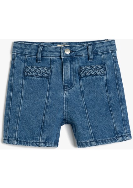 Pamuklu Yüksek Belli Örgü Detaylı Denim Şort