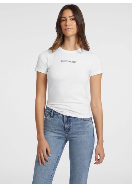 Klasik Yaka Beyaz Kadın T-Shirt Gj Ss Cn Slım Logo E - Mıd Organıc