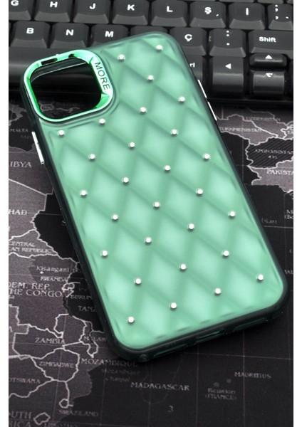 iPhone 12 Uyumlu Baklava Desenli Pırlanta Taşlı Sert Kapak Kılıf Zümrüt Yeşil