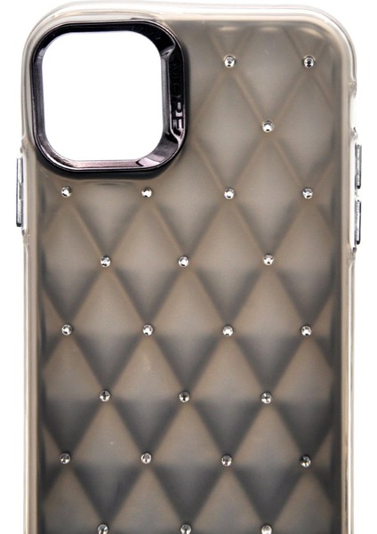 iPhone 15 Pro Max Uyumlu Baklava Desenli Pırlanta Taşlı Sert Kapak Kılıf Gri