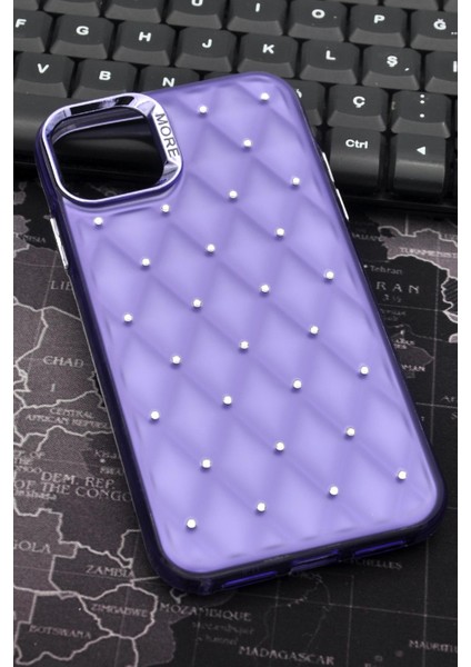 iPhone 13 Uyumlu Baklava Desenli Pırlanta Taşlı Sert Kapak Kılıf Mor