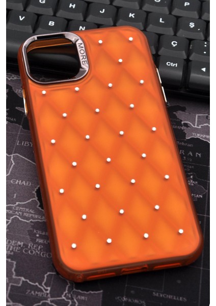 iPhone 12 Uyumlu Baklava Desenli Pırlanta Taşlı Sert Kapak Kılıf Turuncu