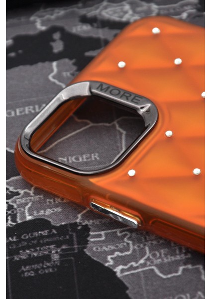 iPhone 13 Uyumlu Baklava Desenli Pırlanta Taşlı Sert Kapak Kılıf Turuncu modelleri