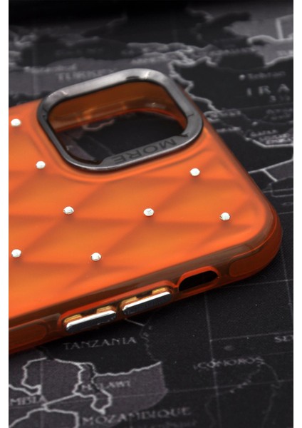 iPhone 13 Uyumlu Baklava Desenli Pırlanta Taşlı Sert Kapak Kılıf Turuncu fırsatları