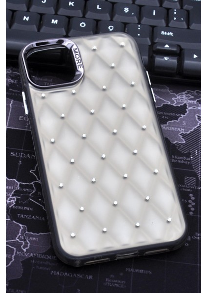 iPhone 11 Uyumlu Baklava Desenli Pırlanta Taşlı Sert Kapak Kılıf Gri