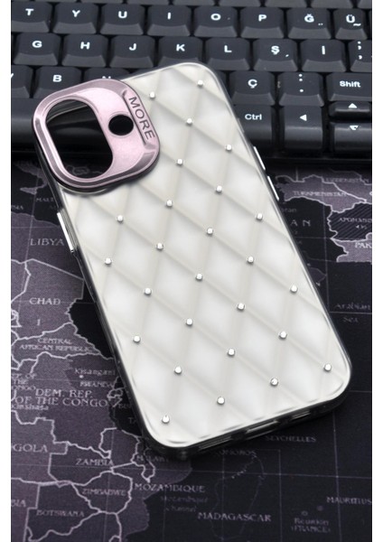 iPhone 16 Uyumlu Baklava Desenli Pırlanta Taşlı Sert Kapak Kılıf Gri