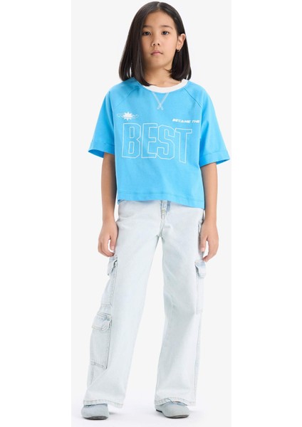 Kız Çocuk Boxy Fit Bisiklet Yaka Baskılı Kısa Kollu Tişört E1896A825SM fiyatları