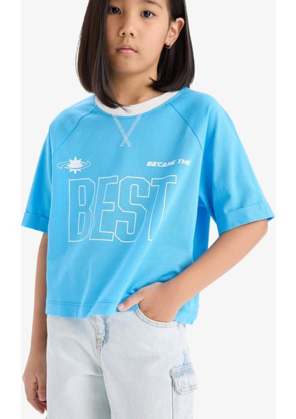 Kız Çocuk Boxy Fit Bisiklet Yaka Baskılı Kısa Kollu Tişört E1896A825SM fırsatları