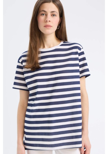 Long Fit Bisiklet Yaka Çizgili Penye Kısa Kollu Tişört U1778AZ25SP