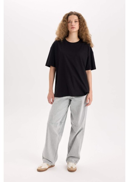 Oversize Geniş Kalıp Basic Düz Bisiklet Yaka Kısa Kollu Tişört V4136AZ25SM