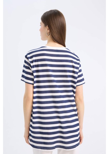 Long Fit Bisiklet Yaka Çizgili Penye Kısa Kollu Tişört U1778AZ25SP