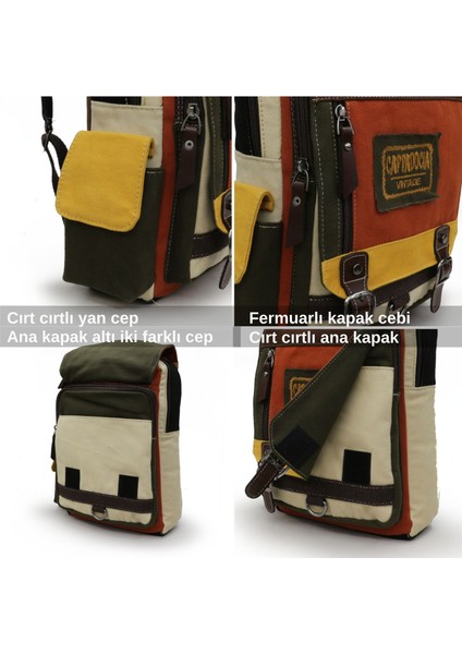 4012 Sarı Kırmızı Günlük Postacı Küçük Sırt Çapraz Omuz Askılı 14 Inç Laptop Pamuk Gabardin Çantası