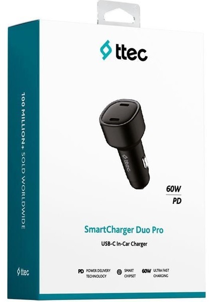 2CKP03S Smartcharger Duo Pd 60W Araç Hızlı Şarj Aleti Usb-C+Usb-C Siyah