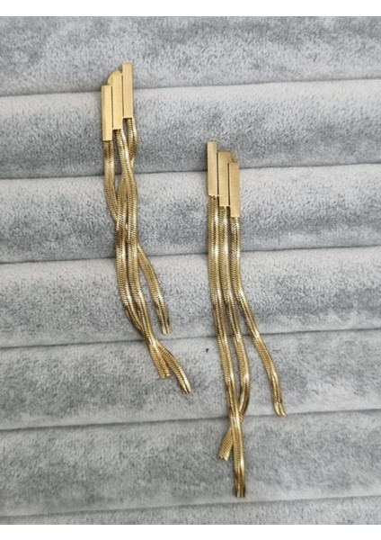 Kadın Çelik Küpe Üçlü Line Model Italyan Zincir Sallantılı Gold Renk 316 L Ayar Çelik modelleri