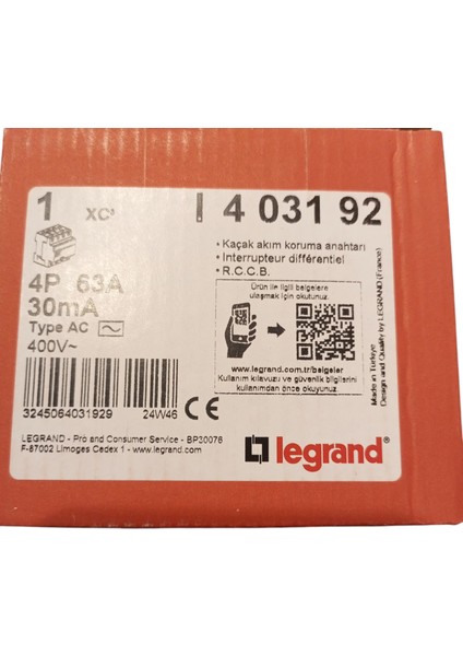 4P 63A 30mA AC tipi 400V~LEGRAND • Kaçak akım koruma anahtarı. Kesici farklılığı R.C.C.B.