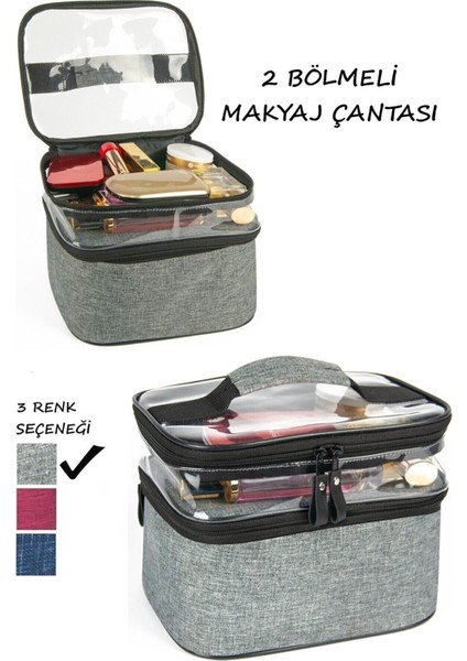 Gri Makyaj Çantası Seyahat Çantası Bakım Çantası Çift Bölmeli Beslenme Çantası Sefer Tası Çantası