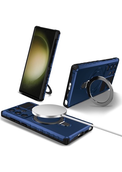 Samsung Galaxy S25 Ultra Için Magsafe Uyumlu Manyetik Halkalı Standlı Telefon Kılıfı Mavi (Yurt Dışından)