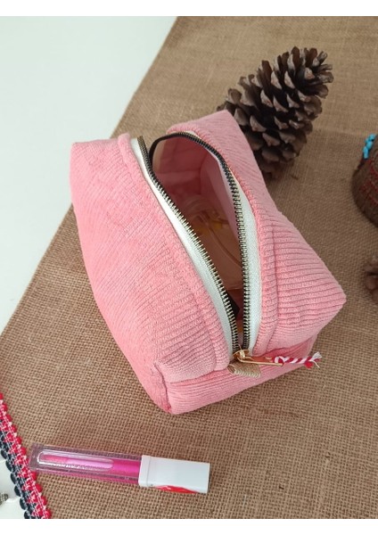 Yavruağzı Renk Geniş Hacimli İtalyan Kadife Kumaş Organizer Makyaj Çantası Çok Amaçlı Seyehat Çantası - Orta Boy