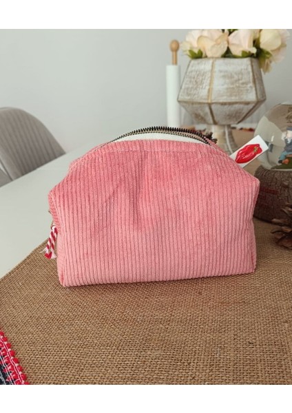 Yavruağzı Renk Geniş Hacimli İtalyan Kadife Kumaş Organizer Makyaj Çantası Çok Amaçlı Seyehat Çantası - Orta Boy fırsatları