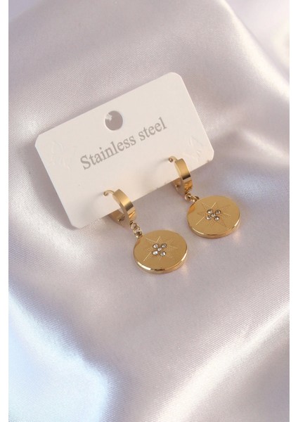 Çelik Gold Renk Kutup Yıldızı İşleme Zirkon Taşlı Kadın Küpe