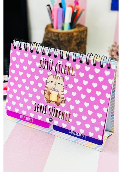 Sütü Çilekli Tasarımlı Yeni Nesil Masa Üstü Planner 2 Sayfa Sticker