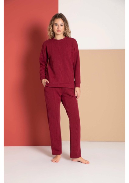 Ibıza Bordo Kadın Kapitone Uzun Kollu Pijama Takımı