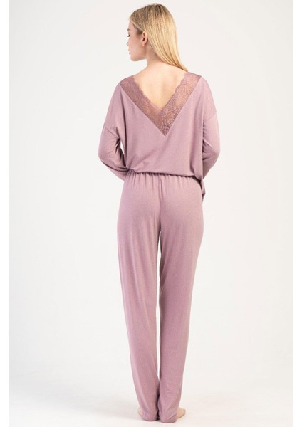 Pembe Kadın Uzun Kollu Lycralı Viskon Pijama Takımı