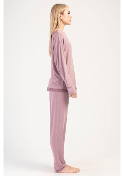Pembe Kadın Uzun Kollu Lycralı Viskon Pijama Takımı