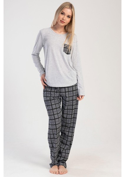 Gri Melanj Kadın Uzun Kollu Pamuklu Suprem Pijama Takımı