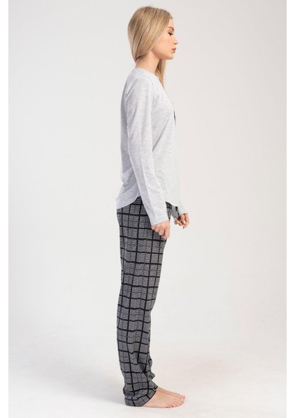 Gri Melanj Kadın Uzun Kollu Pamuklu Suprem Pijama Takımı fırsatları